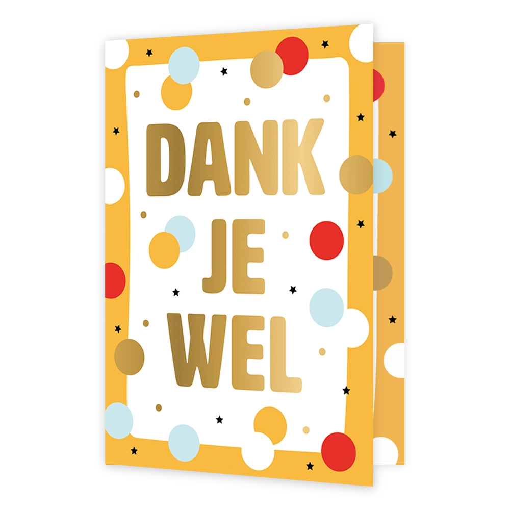 Dank je wel - Formaat: Standaard - Vorm: Staand - Bedankkaart - Op deze wenskaart staat een goudgeel kader om een wit binnenblad, dat is versierd met een feestelijk confetti-patroon van ronde stippen in rood, lichtblauw, wit en goudkleur, afgewisseld met kleine zwarte sterretjes. Centraal op de kaart staat in grote, goudkleurige hoofdletters de tekst "DANK JE WEL". De stippen zijn zowel binnen het witte vlak als deels op de gele rand geplaatst. Verder bevat de illustratie geen andere grafische elementen. -