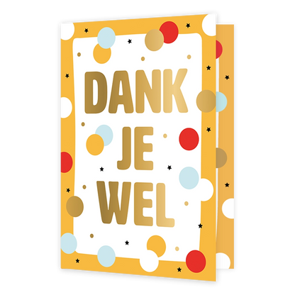 Dank je wel - Formaat: Standaard - Vorm: Staand - Bedankkaart - Op deze wenskaart staat een goudgeel kader om een wit binnenblad, dat is versierd met een feestelijk confetti-patroon van ronde stippen in rood, lichtblauw, wit en goudkleur, afgewisseld met kleine zwarte sterretjes. Centraal op de kaart staat in grote, goudkleurige hoofdletters de tekst "DANK JE WEL". De stippen zijn zowel binnen het witte vlak als deels op de gele rand geplaatst. Verder bevat de illustratie geen andere grafische elementen. -