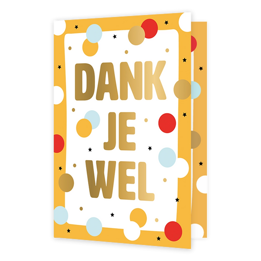 Dank je wel - Formaat: Standaard - Vorm: Staand - Bedankkaart - Op deze wenskaart staat een goudgeel kader om een wit binnenblad, dat is versierd met een feestelijk confetti-patroon van ronde stippen in rood, lichtblauw, wit en goudkleur, afgewisseld met kleine zwarte sterretjes. Centraal op de kaart staat in grote, goudkleurige hoofdletters de tekst "DANK JE WEL". De stippen zijn zowel binnen het witte vlak als deels op de gele rand geplaatst. Verder bevat de illustratie geen andere grafische elementen. -