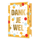 Dank je wel - Formaat: Standaard - Vorm: Staand - Bedankkaart - Op deze wenskaart staat een goudgeel kader om een wit binnenblad, dat is versierd met een feestelijk confetti-patroon van ronde stippen in rood, lichtblauw, wit en goudkleur, afgewisseld met kleine zwarte sterretjes. Centraal op de kaart staat in grote, goudkleurige hoofdletters de tekst "DANK JE WEL". De stippen zijn zowel binnen het witte vlak als deels op de gele rand geplaatst. Verder bevat de illustratie geen andere grafische elementen. -