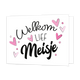 Welkom lief meisje - Formaat: Standaard - Vorm: Liggend - Geboortekaart - Op deze wenskaart staan meerder roze hartjes met een zwart dun lijntje. In het midden van de kaart tussen de hartjes in staat in het zwart de tekst 'welkom lief meisje'. - Snelwenskaart