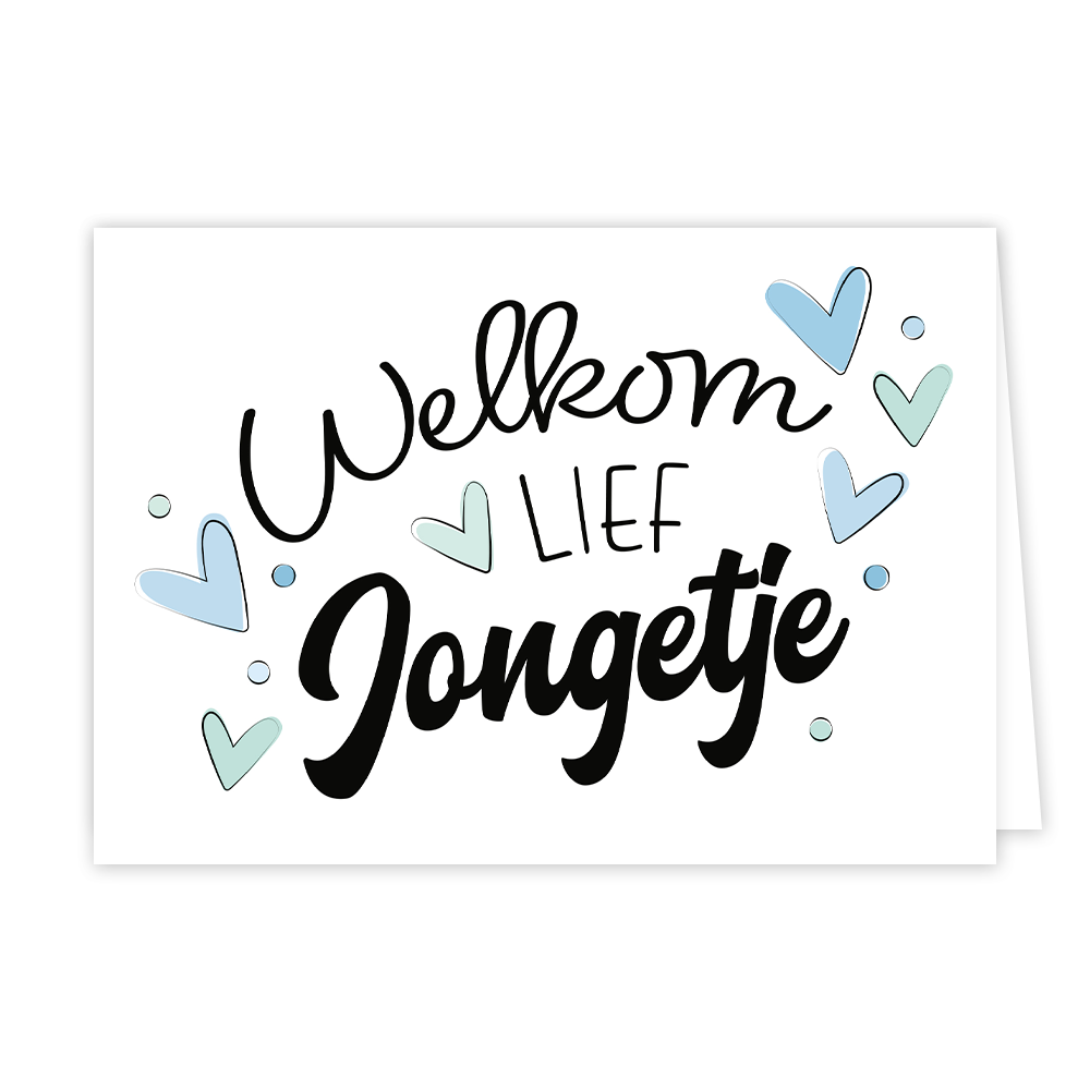 Welkom lief jongetje - Formaat: Normaal - Vorm: Liggend - Geboortekaart - Op deze wenskaart staan hartjes in diverse kleuren blauw met in het midden de tekst: "Welkom lief jongetje". - Snelwenskaart