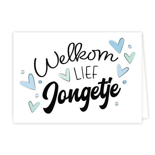 Welkom lief jongetje - Formaat: Normaal - Vorm: Liggend - Geboortekaart - Op deze wenskaart staan hartjes in diverse kleuren blauw met in het midden de tekst: "Welkom lief jongetje". - Snelwenskaart
