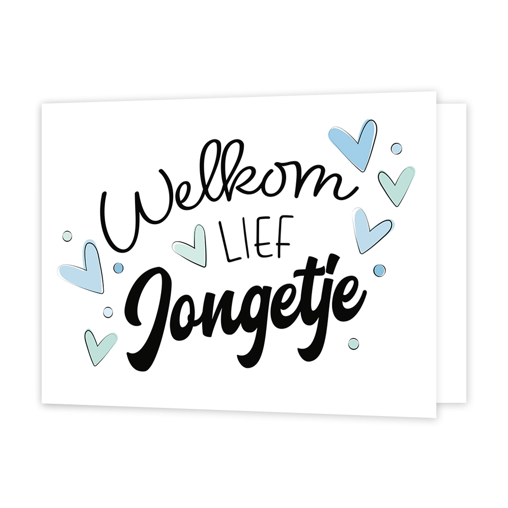 Welkom lief jongetje - Formaat: Standaard - Vorm: Liggend - Geboortekaart - Op deze wenskaart staan hartjes in diverse kleuren blauw met in het midden de tekst: "Welkom lief jongetje". - Snelwenskaart