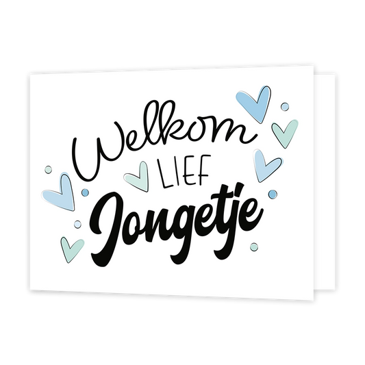Welkom lief jongetje - Formaat: Standaard - Vorm: Liggend - Geboortekaart - Op deze wenskaart staan hartjes in diverse kleuren blauw met in het midden de tekst: "Welkom lief jongetje". - Snelwenskaart