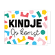 Kindje op komst - Formaat: Standaard - Vorm: Liggend - Zwanger kaart - Op deze wenskaart staan blokjes in diverse kleuren en vormen met in het midden de tekst: "Kindje op komst". - Snelwenskaart