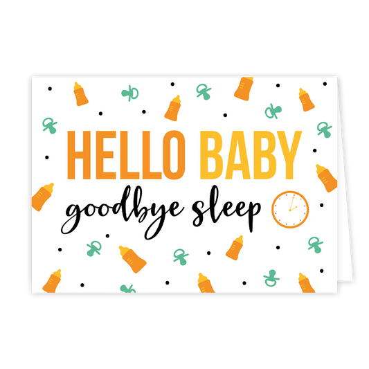 Hello baby goodbye sleep - Formaat: Normaal - Vorm: Liggend - Geboortekaart - Op deze wenskaart staan babyflesjes en speentjes met in het midden de tekst: "Hello baby goodbye sleep". - Snelwenskaart
