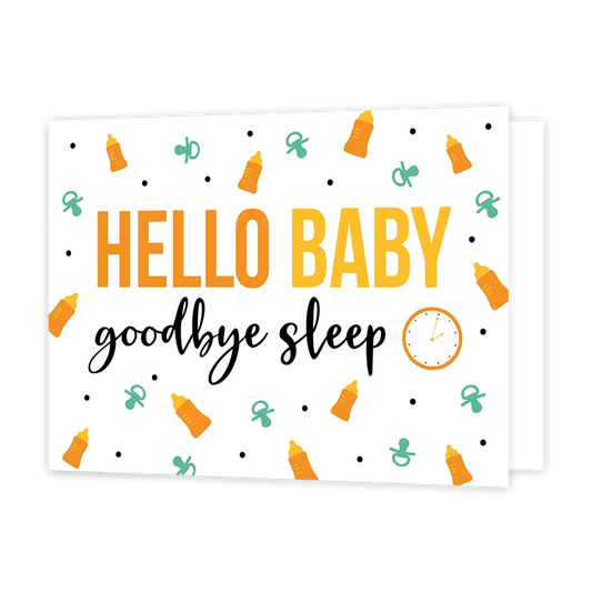 Hello baby goodbye sleep - Formaat: Standaard - Vorm: Liggend - Geboortekaart - Op deze wenskaart staan babyflesjes en speentjes met in het midden de tekst: "Hello baby goodbye sleep". - Snelwenskaart