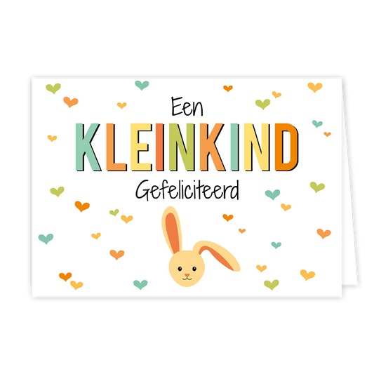 Een kleinkind gefeliciteerd - Formaat: Normaal - Vorm: Liggend - Geboortekaart - Op deze wenskaart staat de tekst "Een KLEINKIND Gefeliciteerd" centraal tegen een witte achtergrond. Het woord "KLEINKIND" is uitgevoerd in grote blokletters, waarbij elke letter een andere pastelkleur heeft (mintgroen, oranje, geel, groen en donkeroranje). Boven "KLEINKIND" staat het woord "Een" en eronder "Gefeliciteerd", beide in een strak, zwart handgeschreven lettertype. Onderaan de tekst is een schattig illustratie van e