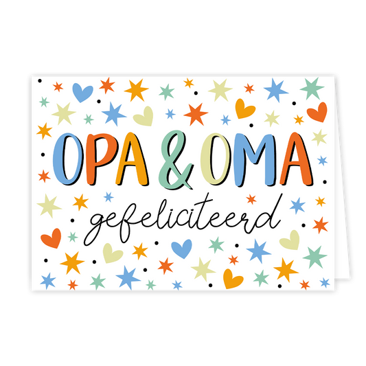 Opa & oma gefeliciteerd - Formaat: Normaal - Vorm: Liggend - Geboortekaart - Op deze wenskaart staan sterren en hartjes in de kleuren blauw, oranje, rood, groen en geel. In het midden staat de tekst: "Opa & Oma gefeliciteerd". - Snelwenskaart