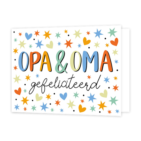 Opa & oma gefeliciteerd - Formaat: Standaard - Vorm: Liggend - Geboortekaart - Op deze wenskaart staan sterren en hartjes in de kleuren blauw, oranje, rood, groen en geel. In het midden staat de tekst: "Opa & Oma gefeliciteerd". - Snelwenskaart