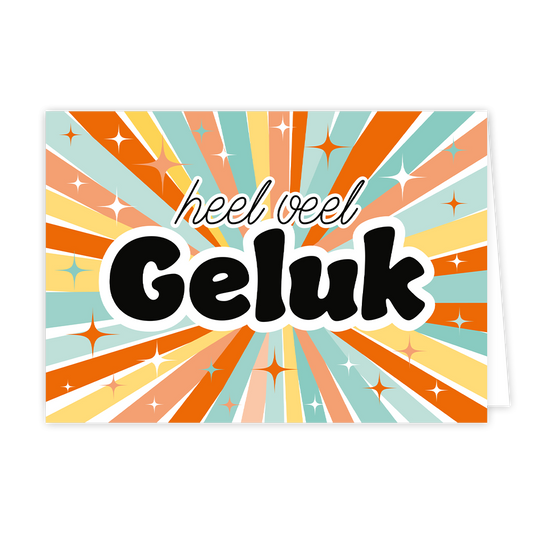 Heel veel geluk - Formaat: Normaal - Vorm: Liggend - Succes kaart - Op deze wenskaart staan lijnen in de kleuren oranje, geel, beige, wit en mintgroen, omringt door sterren in dezelfde kleuren. In het midden staat de tekst: "Heel veel geluk". - Snelwenskaart