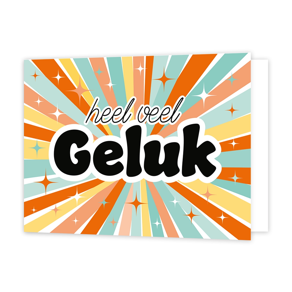 Heel veel geluk - Formaat: Standaard - Vorm: Liggend - Succes kaart - Op deze wenskaart staan lijnen in de kleuren oranje, geel, beige, wit en mintgroen, omringt door sterren in dezelfde kleuren. In het midden staat de tekst: "Heel veel geluk". - Snelwenskaart