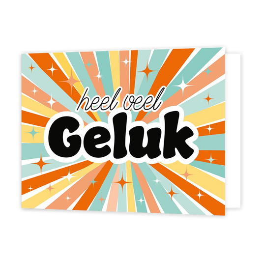 Heel veel geluk - Formaat: Standaard - Vorm: Liggend - Succes kaart - Op deze wenskaart staan lijnen in de kleuren oranje, geel, beige, wit en mintgroen, omringt door sterren in dezelfde kleuren. In het midden staat de tekst: "Heel veel geluk". - Snelwenskaart