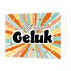 Heel veel geluk - Formaat: Standaard - Vorm: Liggend - Succes kaart - Op deze wenskaart staan lijnen in de kleuren oranje, geel, beige, wit en mintgroen, omringt door sterren in dezelfde kleuren. In het midden staat de tekst: "Heel veel geluk". - Snelwenskaart