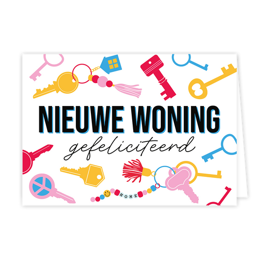 Nieuwe woning gefeliciteerd - Formaat: Normaal - Vorm: Liggend - Woningkaart - Op deze wenskaart staan sleutels in diverse kleuren en vormen met in het midden de tekst: "Nieuwe woning gefeliciteerd". - Snelwenskaart