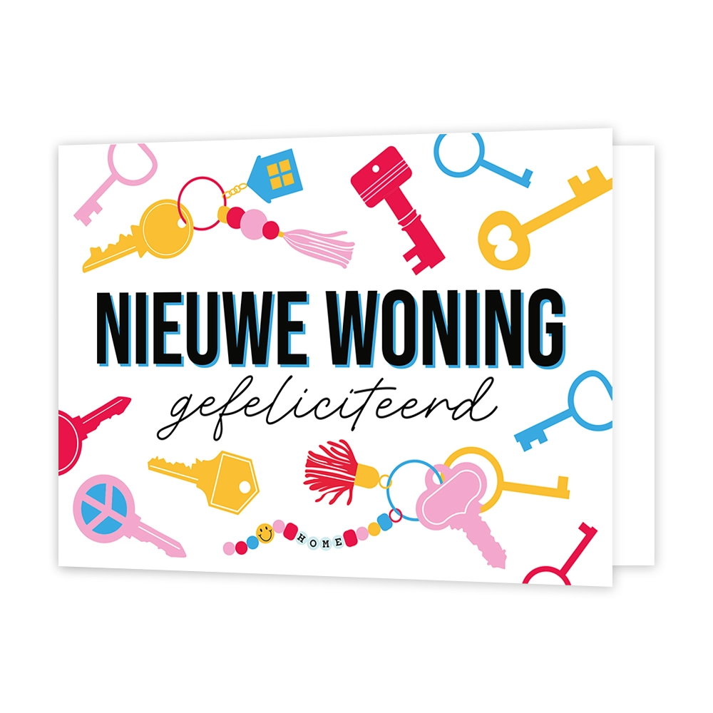 Nieuwe woning gefeliciteerd - Formaat: Standaard - Vorm: Liggend - Woningkaart - Op deze wenskaart staan sleutels in diverse kleuren en vormen met in het midden de tekst: "Nieuwe woning gefeliciteerd". - Snelwenskaart