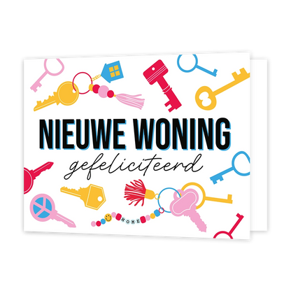 Nieuwe woning gefeliciteerd - Formaat: Standaard - Vorm: Liggend - Woningkaart - Op deze wenskaart staan sleutels in diverse kleuren en vormen met in het midden de tekst: "Nieuwe woning gefeliciteerd". - Snelwenskaart