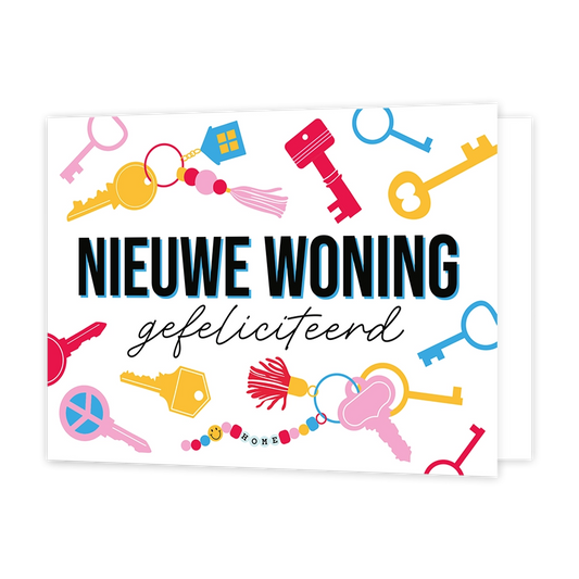 Nieuwe woning gefeliciteerd - Formaat: Standaard - Vorm: Liggend - Woningkaart - Op deze wenskaart staan sleutels in diverse kleuren en vormen met in het midden de tekst: "Nieuwe woning gefeliciteerd". - Snelwenskaart