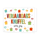 Verjaardags knuffel voor jou - Formaat: Standaard - Vorm: Liggend - Verjaardagskaart - Op deze wenskaart staan hartjes en cadeautjes in de kleuren rood, oranje, geel, groen en blauw. In het midden staat de tekst: "Verjaardagsknuffel voor jou". - Snelwenskaart