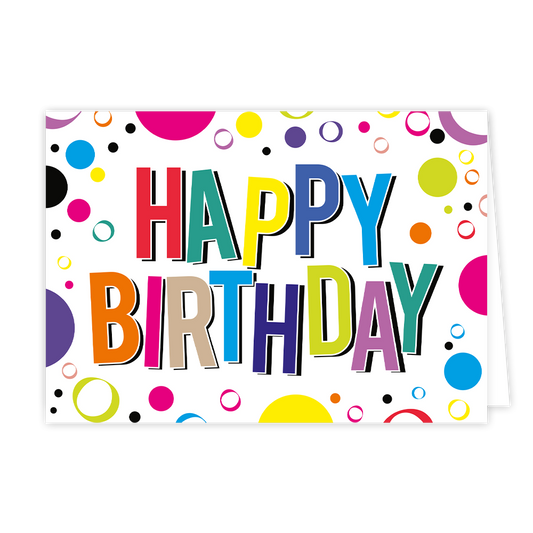 Happy Birthday - Formaat: Normaal - Vorm: Liggend - Verjaardagskaart - Op deze wenskaart staat de tekst "HAPPY BIRTHDAY" centraal in grote, veelkleurige blokletters met een zwarte schaduwrand. De letters hebben elk een eigen kleur, zoals rood, oranje, blauw, groen en paars. De witte achtergrond is versierd met een vrolijk patroon van diverse stippen, cirkels en ringen in verschillende formaten en kleuren. - Snelwenskaart