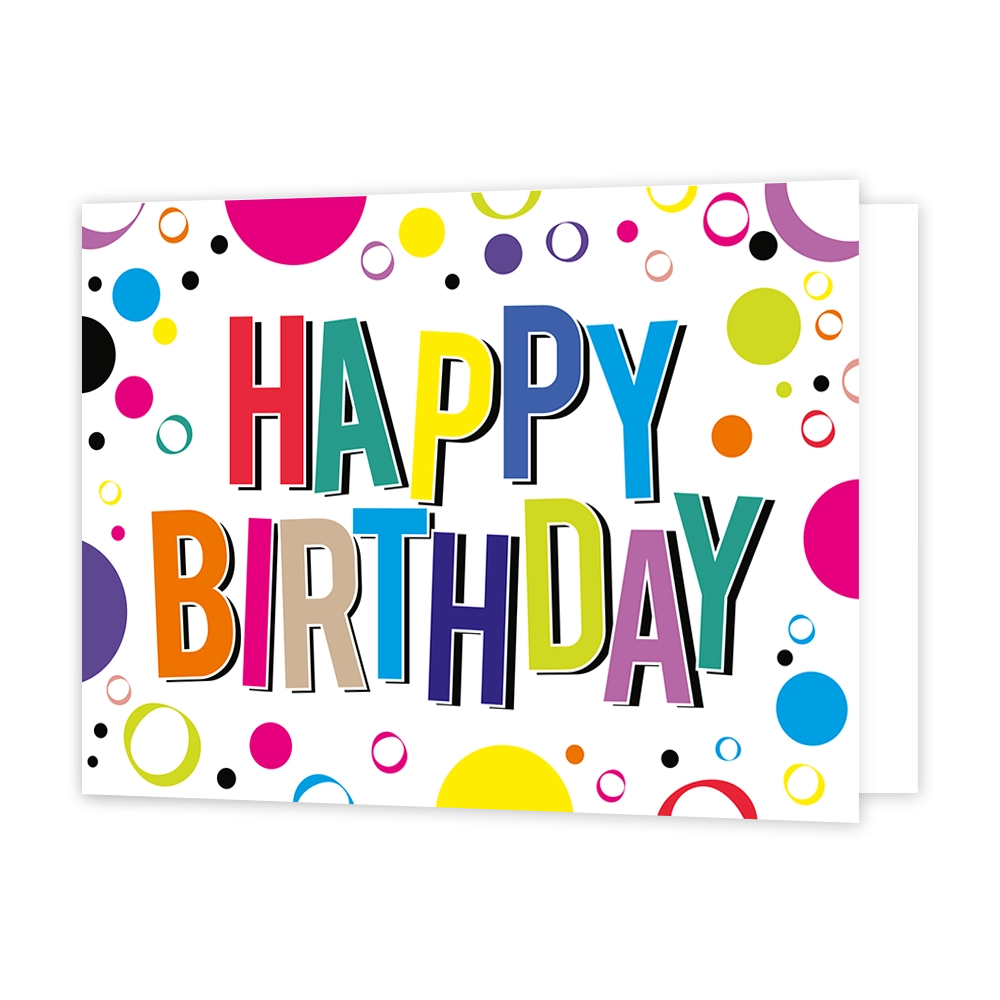Happy Birthday - Formaat: Standaard - Vorm: Liggend - Verjaardagskaart - Op deze wenskaart staat de tekst "HAPPY BIRTHDAY" centraal in grote, veelkleurige blokletters met een zwarte schaduwrand. De letters hebben elk een eigen kleur, zoals rood, oranje, blauw, groen en paars. De witte achtergrond is versierd met een vrolijk patroon van diverse stippen, cirkels en ringen in verschillende formaten en kleuren. - Snelwenskaart
