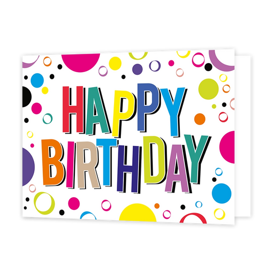 Happy Birthday - Formaat: Standaard - Vorm: Liggend - Verjaardagskaart - Op deze wenskaart staat de tekst "HAPPY BIRTHDAY" centraal in grote, veelkleurige blokletters met een zwarte schaduwrand. De letters hebben elk een eigen kleur, zoals rood, oranje, blauw, groen en paars. De witte achtergrond is versierd met een vrolijk patroon van diverse stippen, cirkels en ringen in verschillende formaten en kleuren. - Snelwenskaart