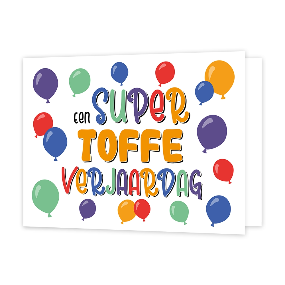Een super toffe verjaardag - Formaat: Standaard - Vorm: Liggend - Verjaardagskaart - Op deze wenskaart staan ballonnen in de kleuren paars, groen, rood en oranje. In het midden staat de tekst: "Een super toffe verjaardag". - Snelwenskaart