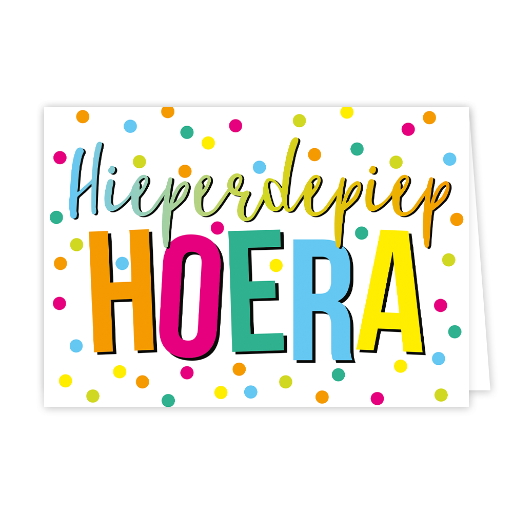 Hieperdepiep Hoera - Formaat: Normaal - Vorm: Liggend - Verjaardagskaart - Op deze wenskaart staan stippen in de kleuren roze, groen, geel, oranje en blauw. In het midden staat de tekst: "Hieperdepiep hoera". - Snelwenskaart