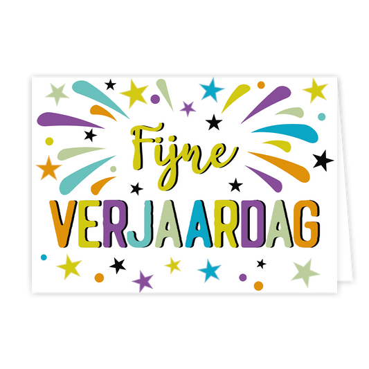 Fijne verjaardag - Formaat: Normaal - Vorm: Liggend - Verjaardagskaart - Op deze wenskaart staan sterren, lijnen en stippen in de kleuren blauw, groen, paars, geel en oranje. In het midden staat de tekst: "Fijne verjaardag". - Snelwenskaart