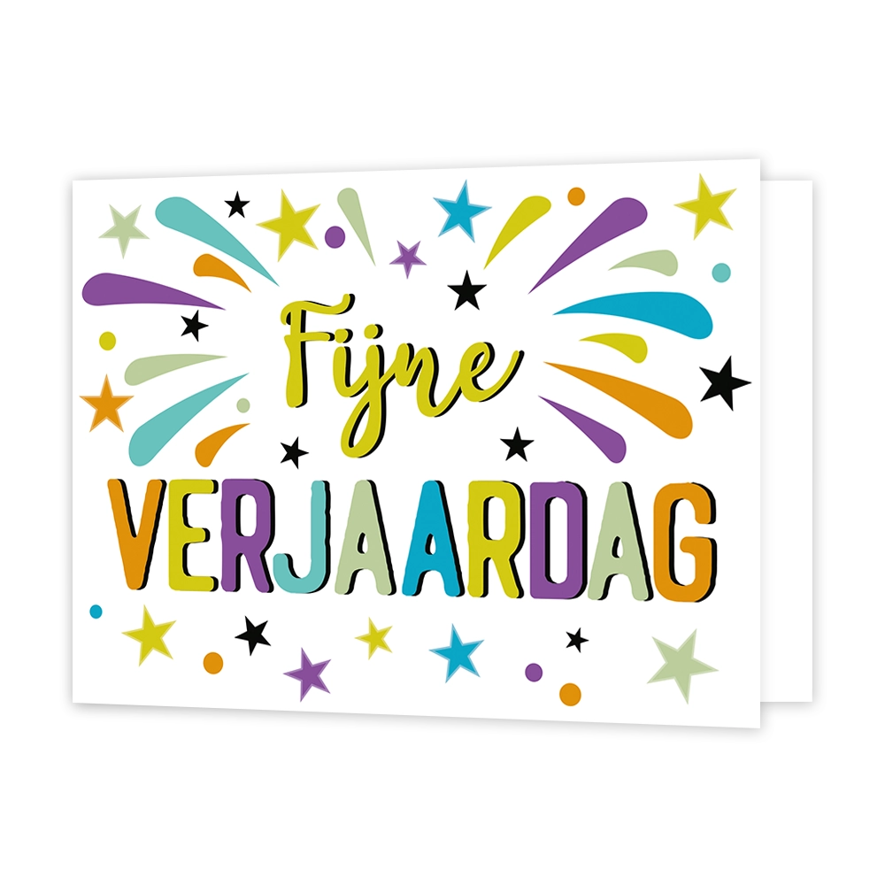 Fijne verjaardag - Formaat: Standaard - Vorm: Liggend - Verjaardagskaart - Op deze wenskaart staan sterren, lijnen en stippen in de kleuren blauw, groen, paars, geel en oranje. In het midden staat de tekst: "Fijne verjaardag". - Snelwenskaart