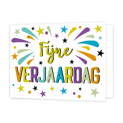 Fijne verjaardag - Formaat: Standaard - Vorm: Liggend - Verjaardagskaart - Op deze wenskaart staan sterren, lijnen en stippen in de kleuren blauw, groen, paars, geel en oranje. In het midden staat de tekst: "Fijne verjaardag". - Snelwenskaart