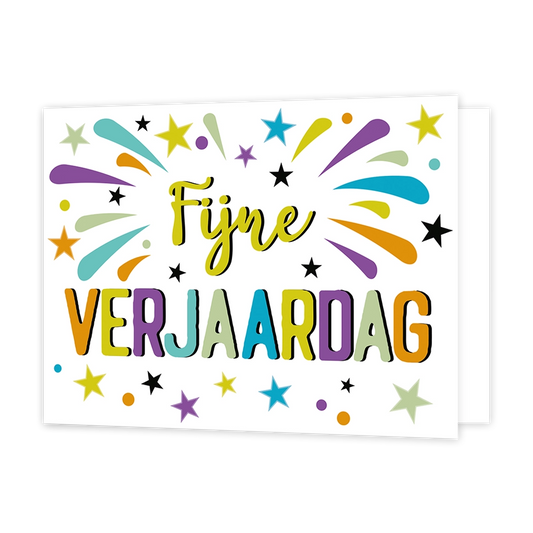 Fijne verjaardag - Formaat: Standaard - Vorm: Liggend - Verjaardagskaart - Op deze wenskaart staan sterren, lijnen en stippen in de kleuren blauw, groen, paars, geel en oranje. In het midden staat de tekst: "Fijne verjaardag". - Snelwenskaart