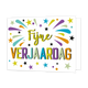 Fijne verjaardag - Formaat: Standaard - Vorm: Liggend - Verjaardagskaart - Op deze wenskaart staan sterren, lijnen en stippen in de kleuren blauw, groen, paars, geel en oranje. In het midden staat de tekst: "Fijne verjaardag". - Snelwenskaart