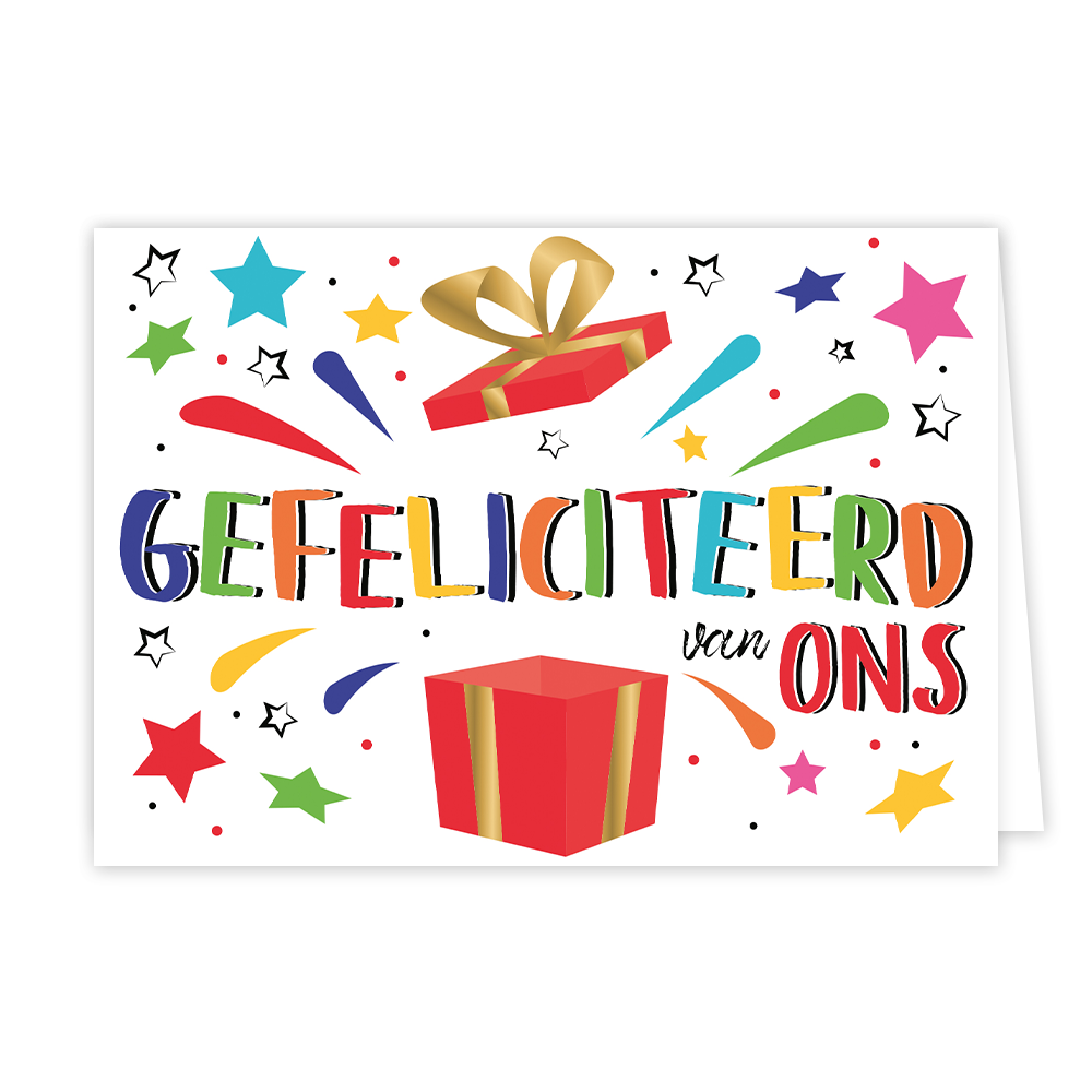 Gefeliciteerd van ons - Formaat: Normaal - Vorm: Liggend - Felicitatiekaart - Op deze wenskaart staat een groot cadeau omringt door sterren en lijnen met in het midden de tekst: "Gefeliciteerd van ons". - Snelwenskaart