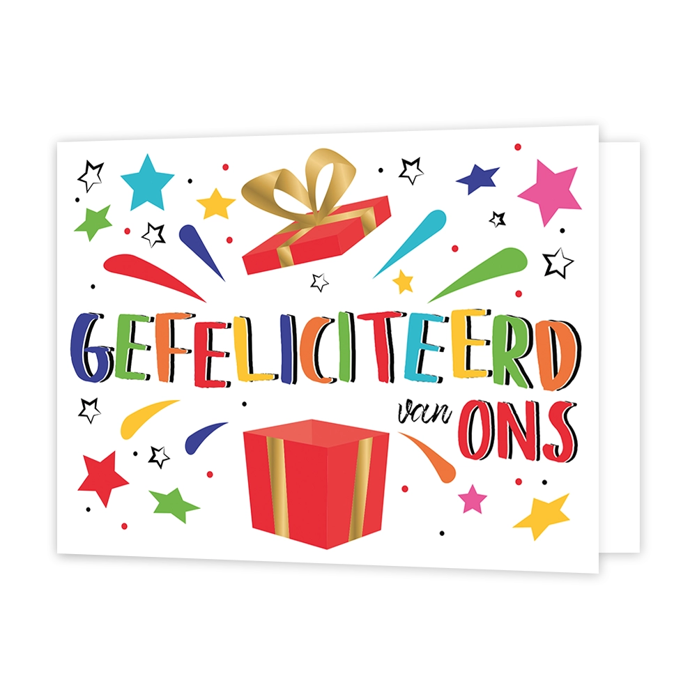 Gefeliciteerd van ons - Formaat: Standaard - Vorm: Liggend - Felicitatiekaart - Op deze wenskaart staat een groot cadeau omringt door sterren en lijnen met in het midden de tekst: "Gefeliciteerd van ons". - Snelwenskaart
