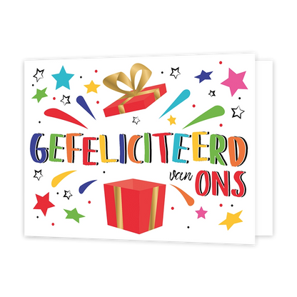 Gefeliciteerd van ons - Formaat: Standaard - Vorm: Liggend - Felicitatiekaart - Op deze wenskaart staat een groot cadeau omringt door sterren en lijnen met in het midden de tekst: "Gefeliciteerd van ons". - Snelwenskaart