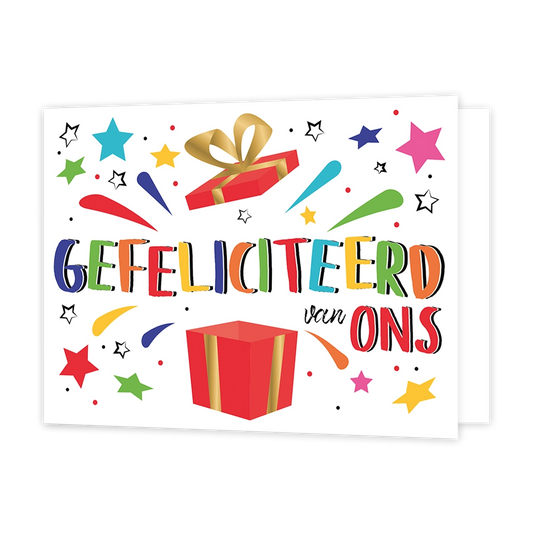 Gefeliciteerd van ons - Formaat: Standaard - Vorm: Liggend - Felicitatiekaart - Op deze wenskaart staat een groot cadeau omringt door sterren en lijnen met in het midden de tekst: "Gefeliciteerd van ons". - Snelwenskaart