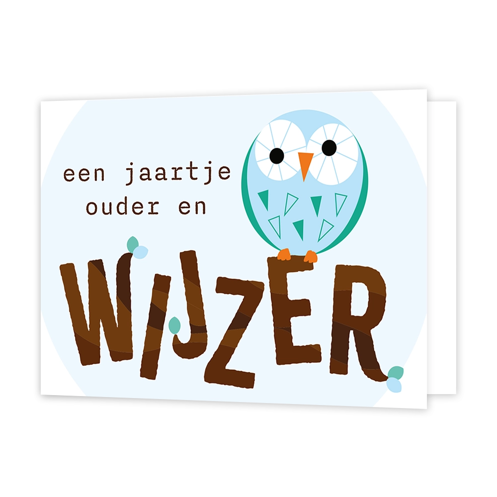 Een jaartje ouder en wijzer - Formaat: Standaard - Vorm: Liggend - Verjaardagskaart - Op deze wenskaart staat de tekst: "Een jaartje ouder en wijzer" met een uiltje. - Snelwenskaart