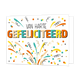 Van harte gefeliciteerd - Formaat: Standaard - Vorm: Liggend - Verjaardagskaart - Op deze wenskaart staat de tekst "VAN HARTE GEFELICITEERD" centraal tegen een witte achtergrond. De woorden "VAN HARTE" zijn uitgevoerd in een strak, zwart schreefloos lettertype, terwijl "GEFELICITEERD" in grote blokletters daaronder staat. Elke letter van dit woord heeft een andere kleur (zoals oranje, blauw, geel en beige) en is voorzien van een zwarte schaduw voor een 3D-effect. De tekst wordt omringd door vrolijke illust