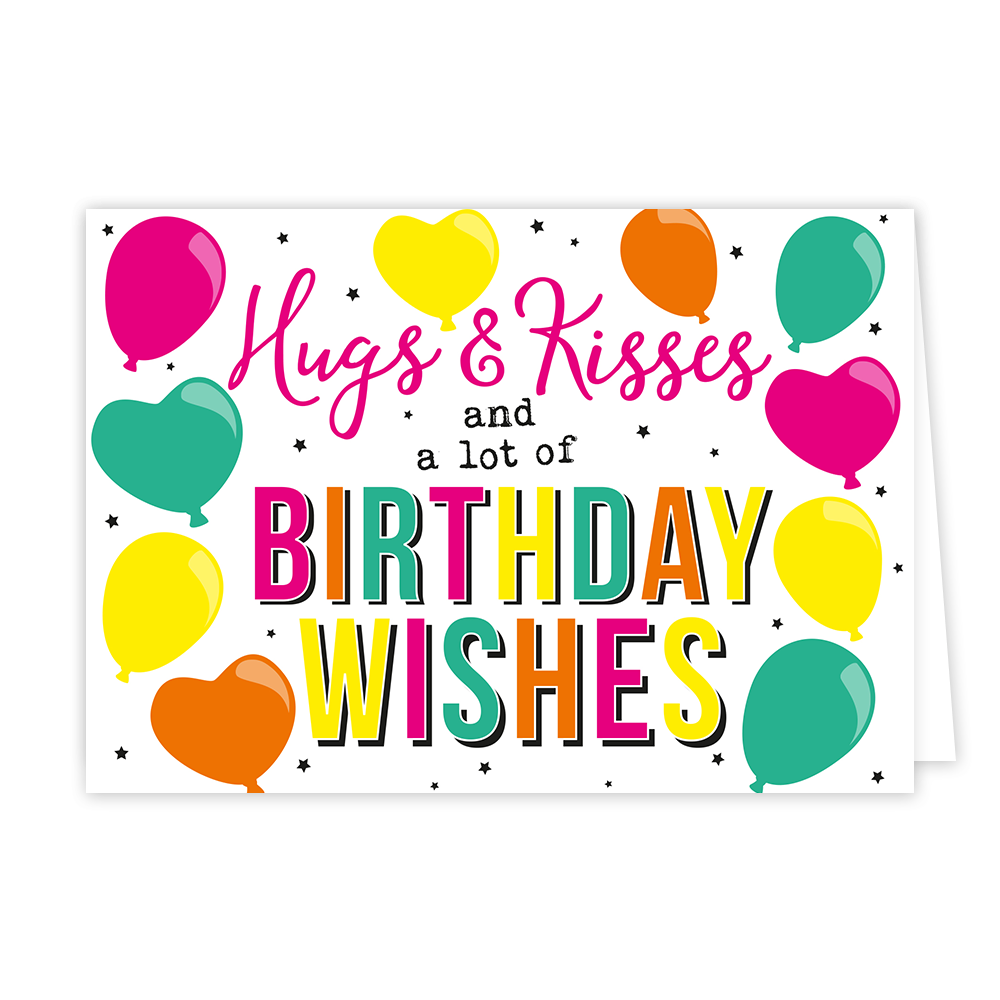 Birthday wishes - Formaat: Normaal - Vorm: Liggend - Verjaardagskaart - Op deze wenskaart staat de tekst "Hugs & Kisses AND a lot of BIRTHDAY WISHES" centraal tegen een witte achtergrond met kleine zwarte sterretjes. De woorden "Hugs & Kisses" zijn geschreven in een roze sierlettertype, terwijl "BIRTHDAY WISHES" in grote, veelkleurige blokletters met een zwarte schaduwrand wordt weergegeven. Rondom de tekst zweven diverse ballonnen in de kleuren roze, geel, oranje en turquoise, waarvan sommige de vorm van 