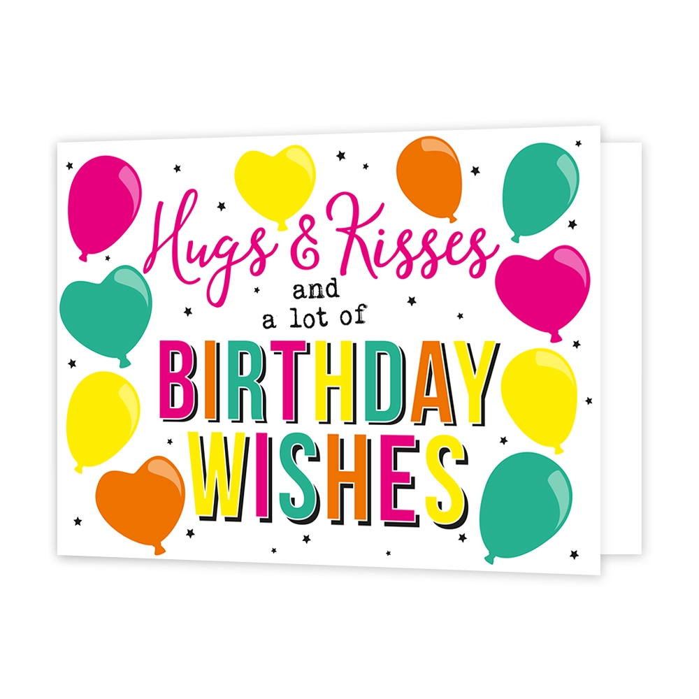 Birthday wishes - Formaat: Standaard - Vorm: Liggend - Verjaardagskaart - Op deze wenskaart staat de tekst "Hugs & Kisses AND a lot of BIRTHDAY WISHES" centraal tegen een witte achtergrond met kleine zwarte sterretjes. De woorden "Hugs & Kisses" zijn geschreven in een roze sierlettertype, terwijl "BIRTHDAY WISHES" in grote, veelkleurige blokletters met een zwarte schaduwrand wordt weergegeven. Rondom de tekst zweven diverse ballonnen in de kleuren roze, geel, oranje en turquoise, waarvan sommige de vorm va