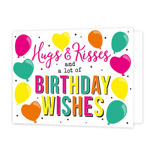 Birthday wishes - Formaat: Standaard - Vorm: Liggend - Verjaardagskaart - Op deze wenskaart staat de tekst "Hugs & Kisses AND a lot of BIRTHDAY WISHES" centraal tegen een witte achtergrond met kleine zwarte sterretjes. De woorden "Hugs & Kisses" zijn geschreven in een roze sierlettertype, terwijl "BIRTHDAY WISHES" in grote, veelkleurige blokletters met een zwarte schaduwrand wordt weergegeven. Rondom de tekst zweven diverse ballonnen in de kleuren roze, geel, oranje en turquoise, waarvan sommige de vorm va