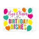 Birthday wishes - Formaat: Standaard - Vorm: Liggend - Verjaardagskaart - Op deze wenskaart staat de tekst "Hugs & Kisses AND a lot of BIRTHDAY WISHES" centraal tegen een witte achtergrond met kleine zwarte sterretjes. De woorden "Hugs & Kisses" zijn geschreven in een roze sierlettertype, terwijl "BIRTHDAY WISHES" in grote, veelkleurige blokletters met een zwarte schaduwrand wordt weergegeven. Rondom de tekst zweven diverse ballonnen in de kleuren roze, geel, oranje en turquoise, waarvan sommige de vorm va