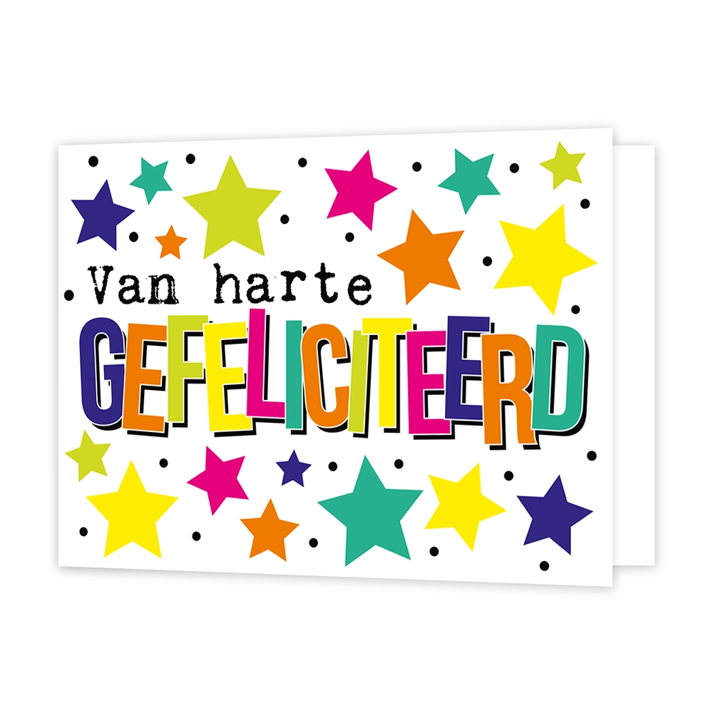 Van harte gefeliciteerd - Formaat: Standaard - Vorm: Liggend - Verjaardagskaart - Op deze wenskaart staat de tekst "Van harte GEFELICITEERD" centraal tegen een witte achtergrond die versierd is met vele kleurrijke sterren en kleine zwarte stippen. De woorden "Van harte" zijn in zwarte typemachineletters geschreven, terwijl het woord "GEFELICITEERD" uit grote, meerkleurige blokletters met een zwarte schaduw bestaat. De sterren rondom de tekst variëren in grootte en hebben kleuren zoals geel, roze, oranje, b