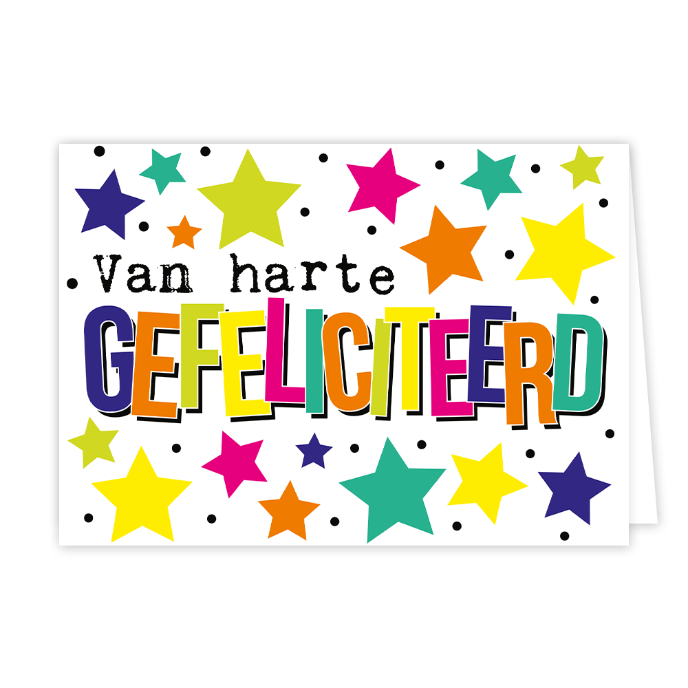 Op deze wenskaart staat de tekst "Van harte GEFELICITEERD" centraal tegen een witte achtergrond die versierd is met vele kleurrijke sterren en kleine zwarte stippen. De woorden "Van harte" zijn in zwarte typemachineletters geschreven, terwijl het woord "GEFELICITEERD" uit grote, meerkleurige blokletters met een zwarte schaduw bestaat. De sterren rondom de tekst variëren in grootte en hebben kleuren zoals geel, roze, oranje, blauw en groen.