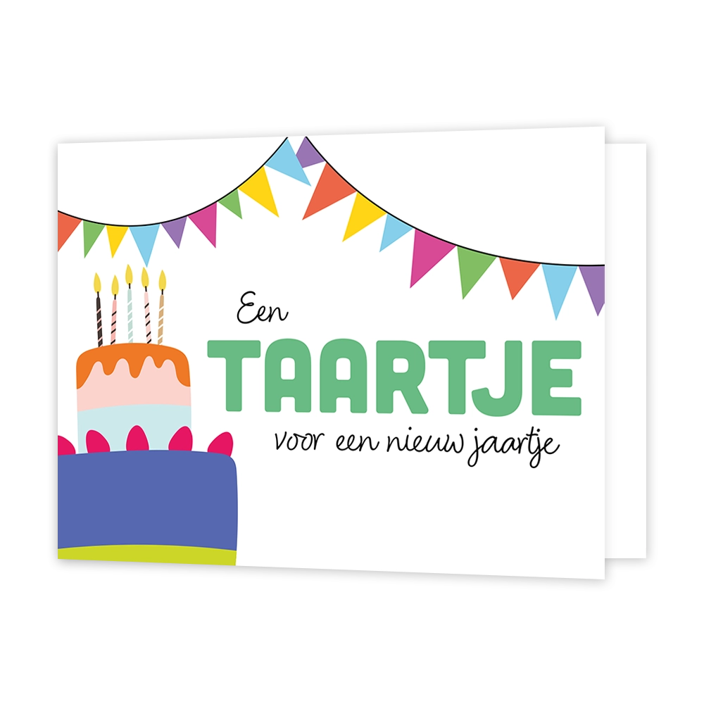 Een taartje voor een nieuw jaartje - Formaat: Standaard - Vorm: Liggend - Verjaardagskaart - Op deze wenskaart staat links onderin een grote gekleurde taart met kaarsjes. Boven de kaart hangen slingers. Rechts van de taart staat de tekst 'een taartje voor een nieuw jaartje'. Het woord taartje is groen en de rest van de tekst is zwart. - Snelwenskaart