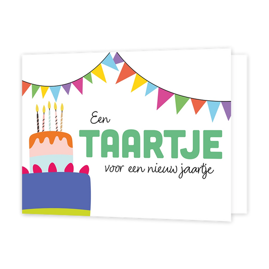 Een taartje voor een nieuw jaartje - Formaat: Standaard - Vorm: Liggend - Verjaardagskaart - Op deze wenskaart staat links onderin een grote gekleurde taart met kaarsjes. Boven de kaart hangen slingers. Rechts van de taart staat de tekst 'een taartje voor een nieuw jaartje'. Het woord taartje is groen en de rest van de tekst is zwart. - Snelwenskaart