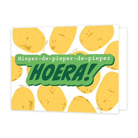 Hieper-de-pieper - Formaat: Standaard - Vorm: Liggend - Felicitatiekaart - Op deze wenskaart staan aardappelen met in het midden de tekst: "Hieper-de-pieper-de-pieper hoera!". - Snelwenskaart