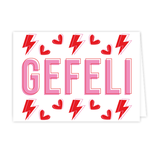 Gefeli - Formaat: Normaal - Vorm: Liggend - Felicitatiekaart - Op deze wenskaart staat de tekst: "Gefeli" omringt door rode hartjes en bliksem. - Snelwenskaart